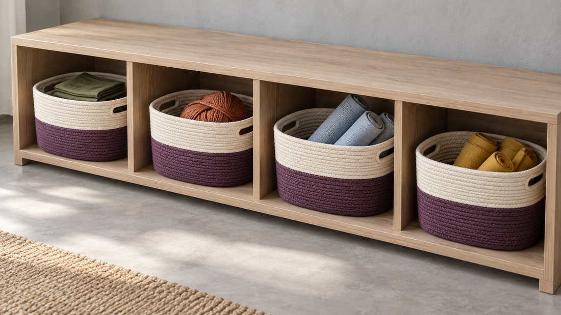 Four matching ivory-and-purple rope baskets hold separate textile groups in individual compartments of a light wood shelving unit.