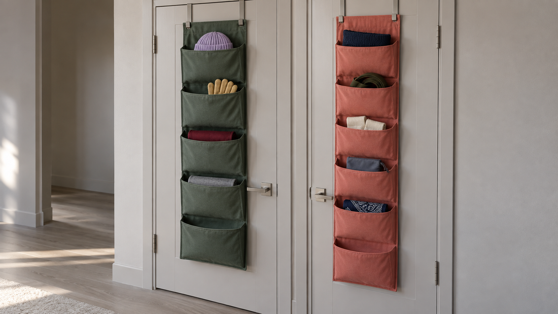 A green five-tier organizer and coral six-tier organizer hang on adjacent gray doors, showing pocket positions and clearance above the floor.