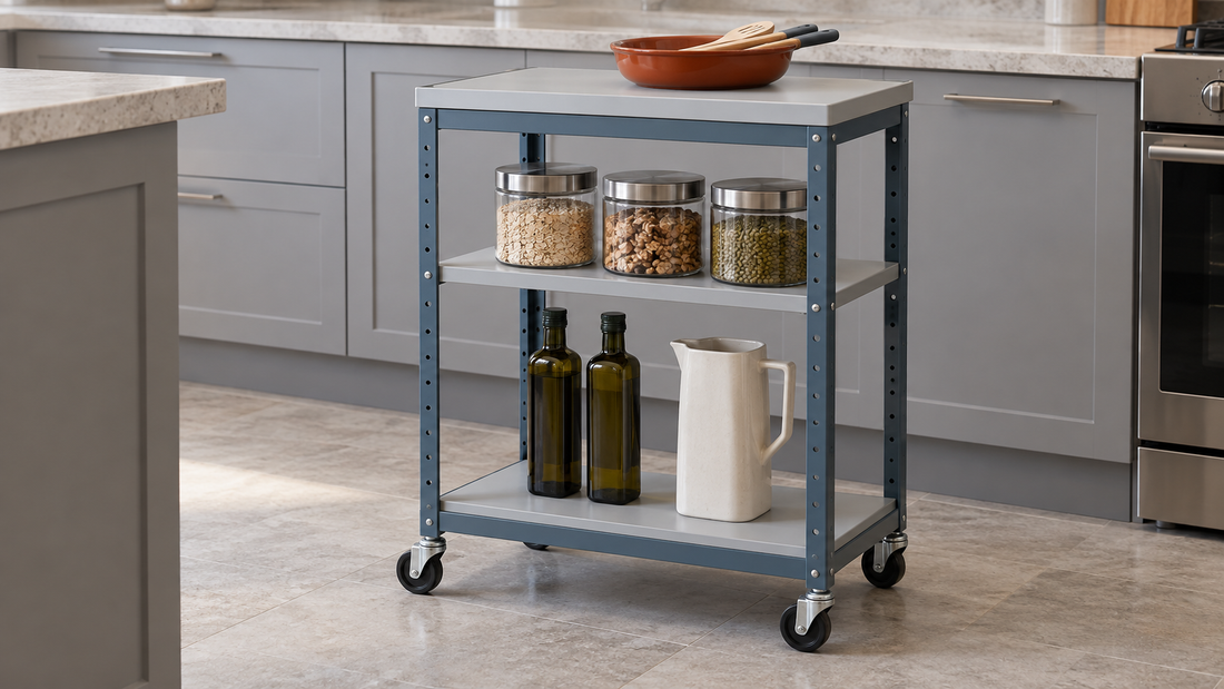 A blue-gray kitchen cart stores short pantry jars above tall bottles and a ceramic pitcher, with different shelf spacing for each group.