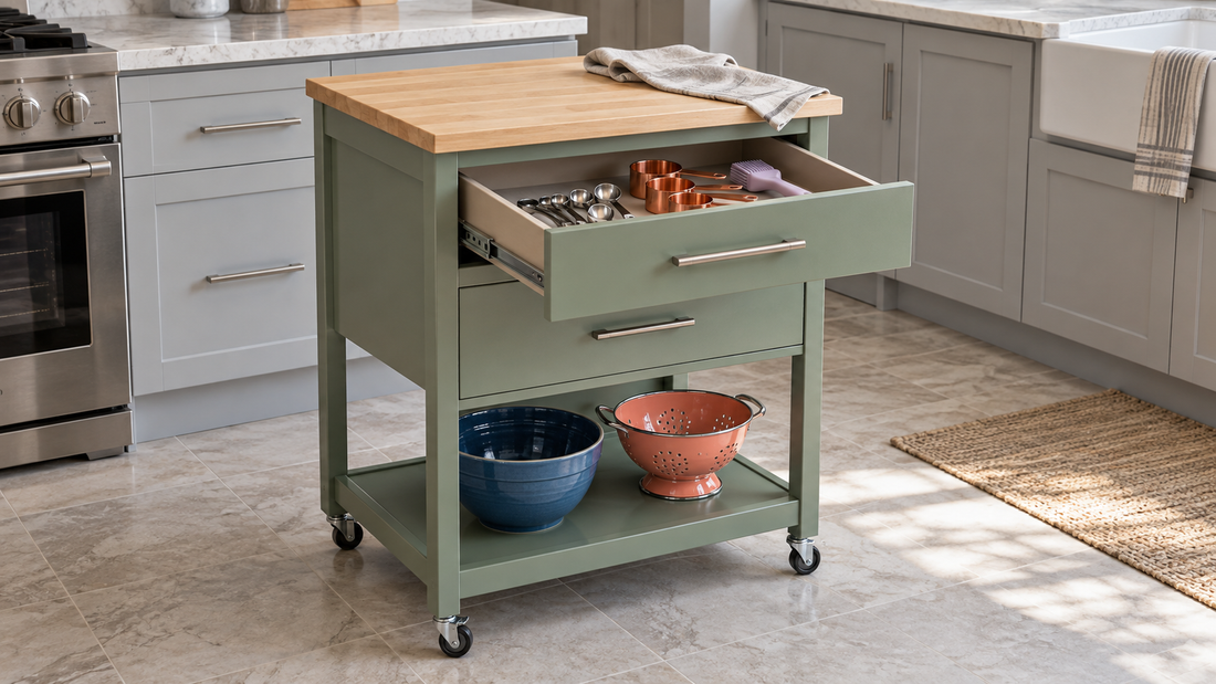 A sage kitchen cart holds measuring tools in an open drawer, with a blue mixing bowl and coral colander on its lower open shelf.