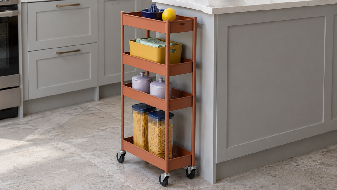 A terracotta slim rolling kitchen cart stores tall pasta containers, short lavender jars, and a yellow bin on tiers with uneven spacing.