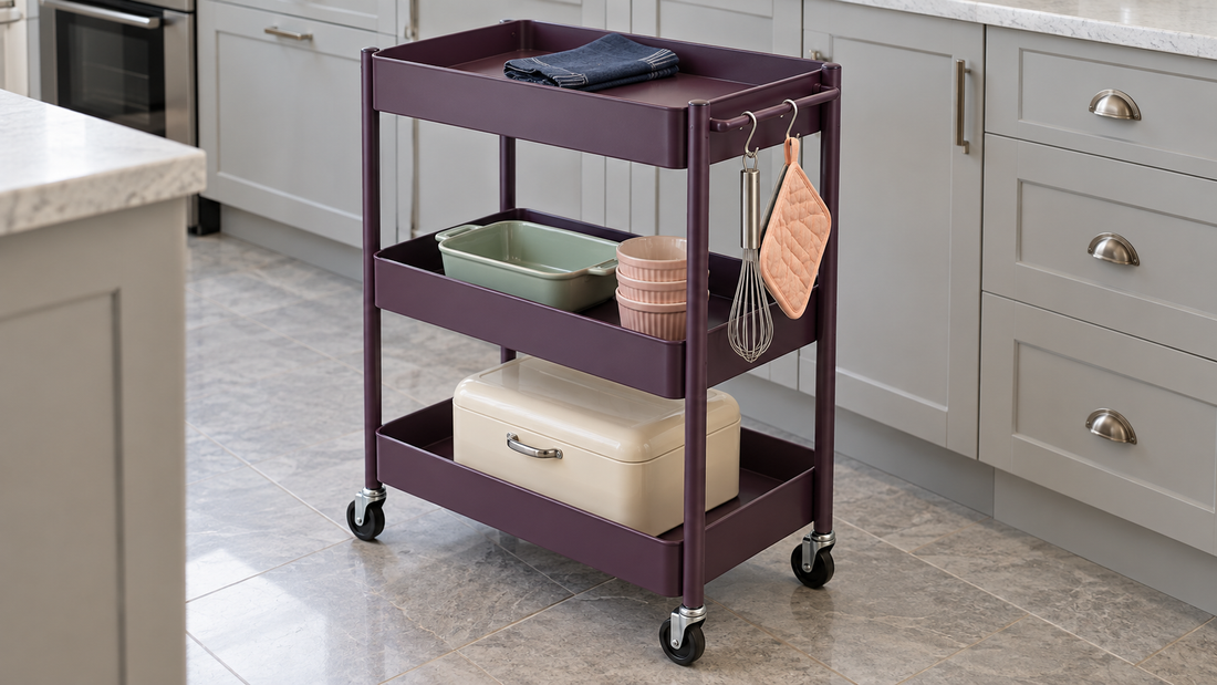 A plum kitchen cart hangs a whisk and apricot potholder from side S-hooks, leaving its shelves available for bakeware and a bread box.