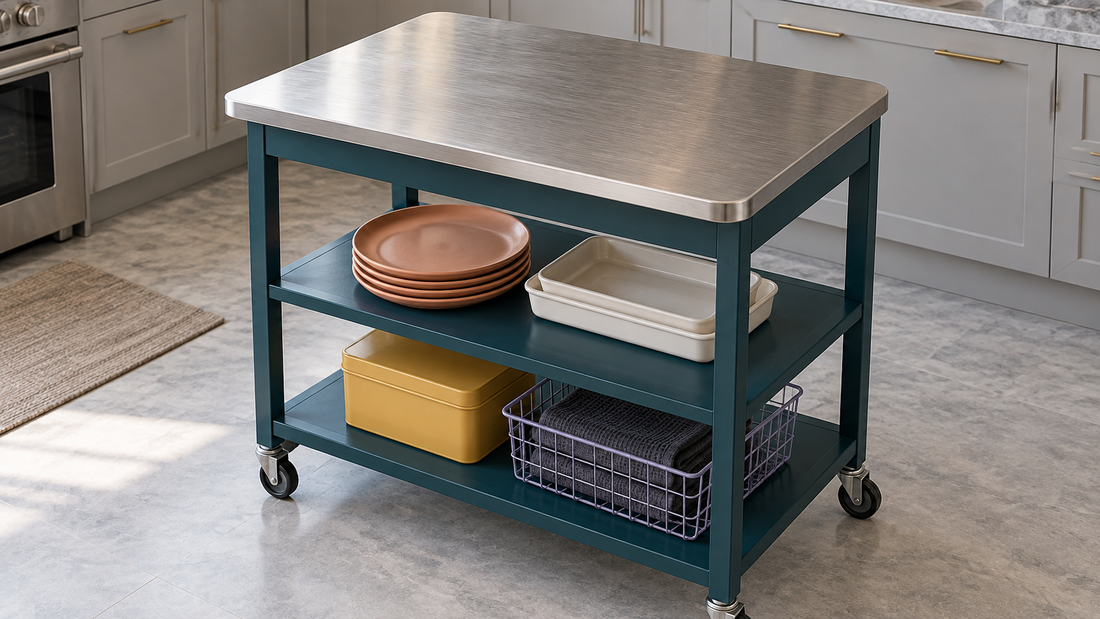 A teal kitchen cart keeps its stainless-steel top clear, with plates, serving dishes, a yellow tin, and folded linens stored on lower shelves.