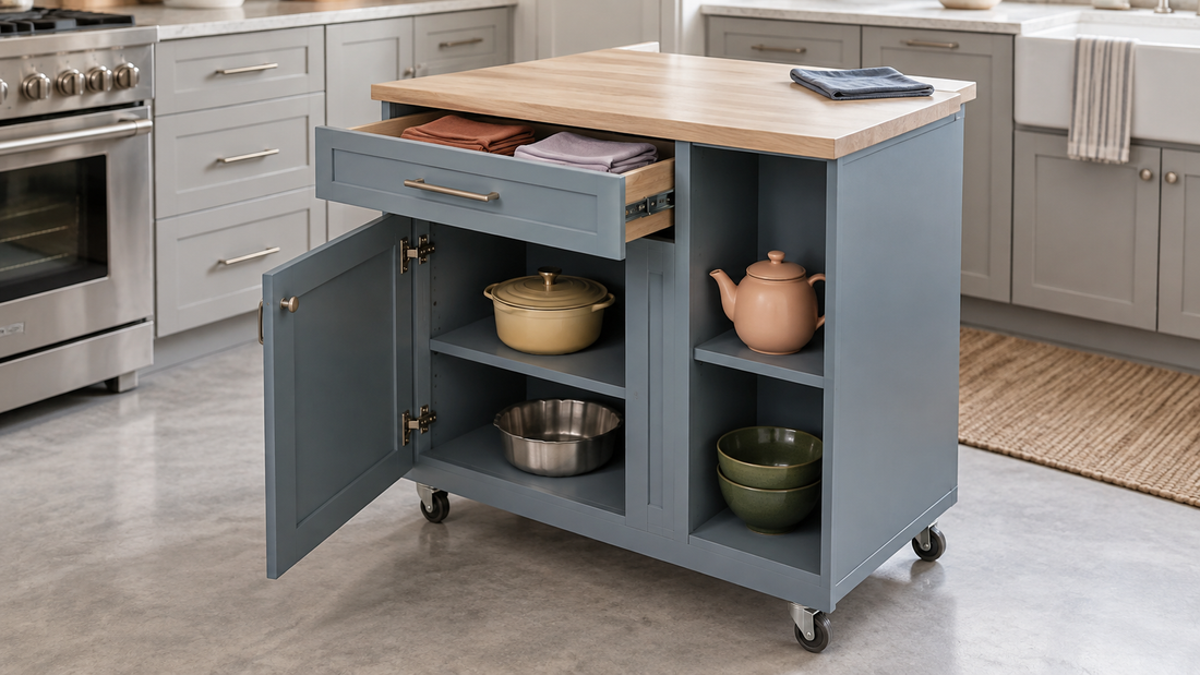How to Organize a Rolling Kitchen Island With Drawers, Cabinets, and Open Shelves