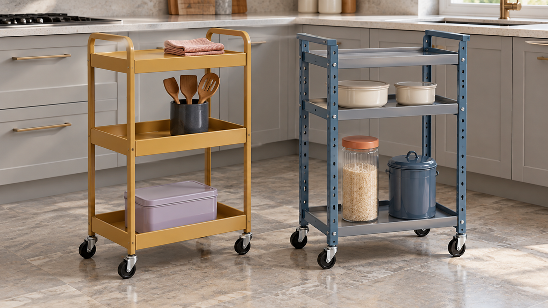 An ochre fixed-shelf kitchen cart stands beside a blue adjustable-shelf cart with visible mounting holes and space for items of different heights.