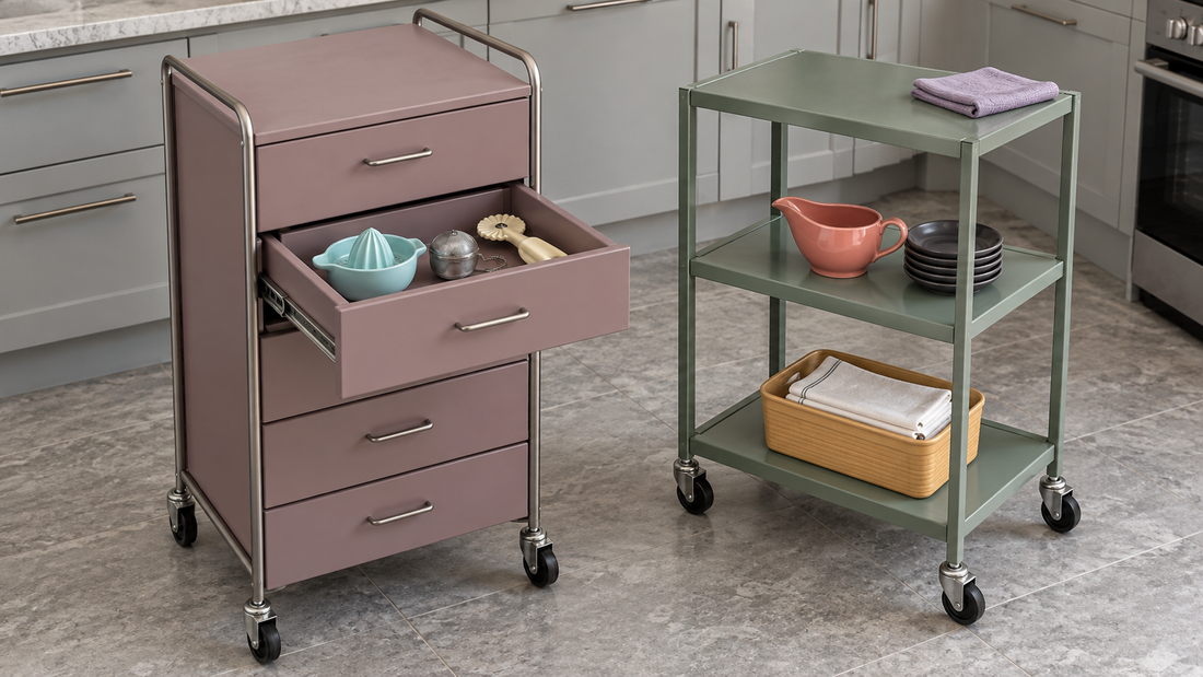 A mauve kitchen cart displays accessories in a pulled-out drawer beside a green open-shelf cart holding serving pieces and folded napkins.