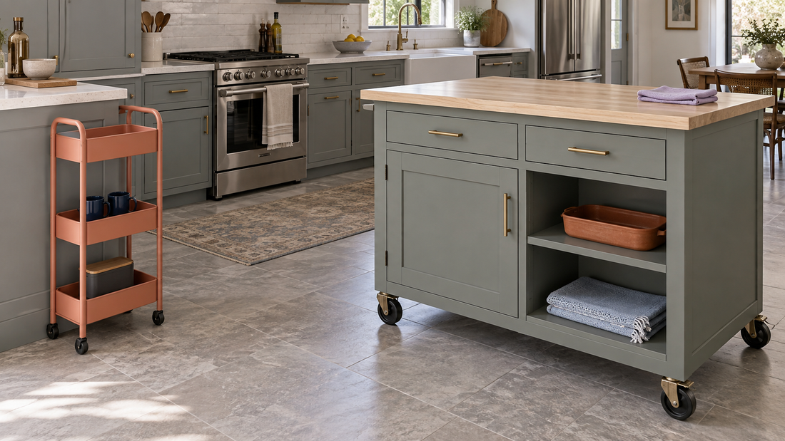A narrow coral rolling cart stands beside a larger gray-green kitchen island with a wood top, drawers, a cabinet, and open shelves.