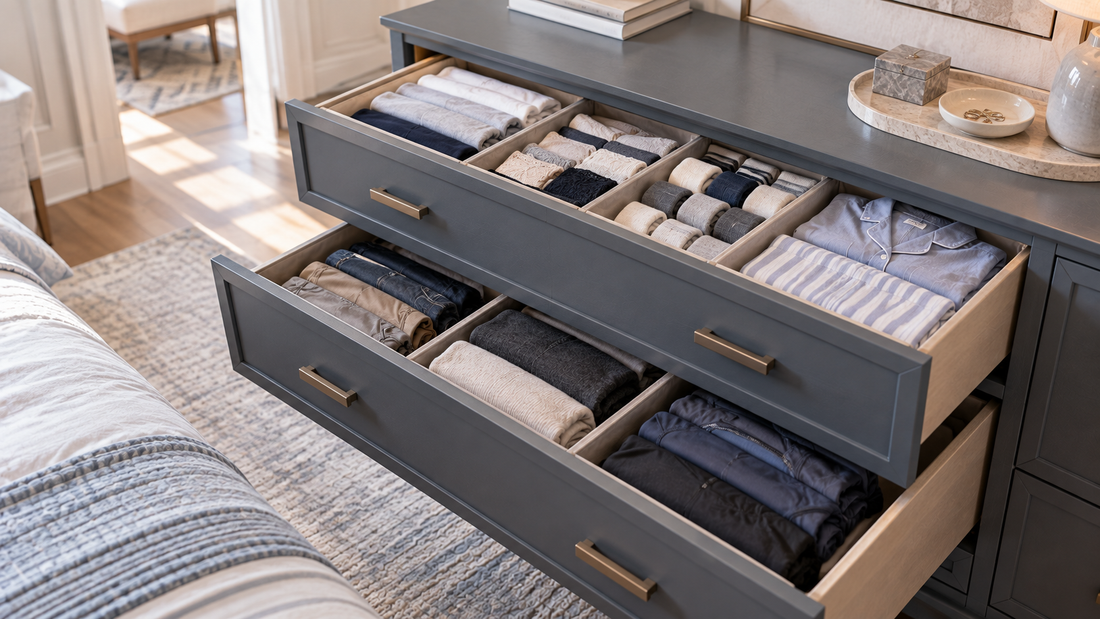 Bedroom dresser with shared drawers organized into separate sections for T-shirts, socks, sleepwear, pants, sweaters, and workout clothing.