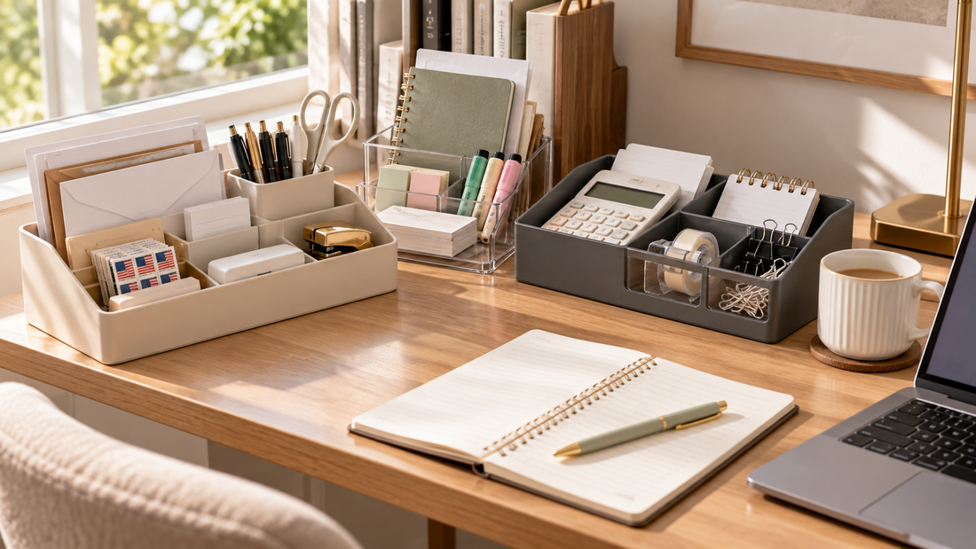 Desk organizers grouping related office supplies for recurring tasks, with writing, planning, mailing, and document tools kept together for easy access.