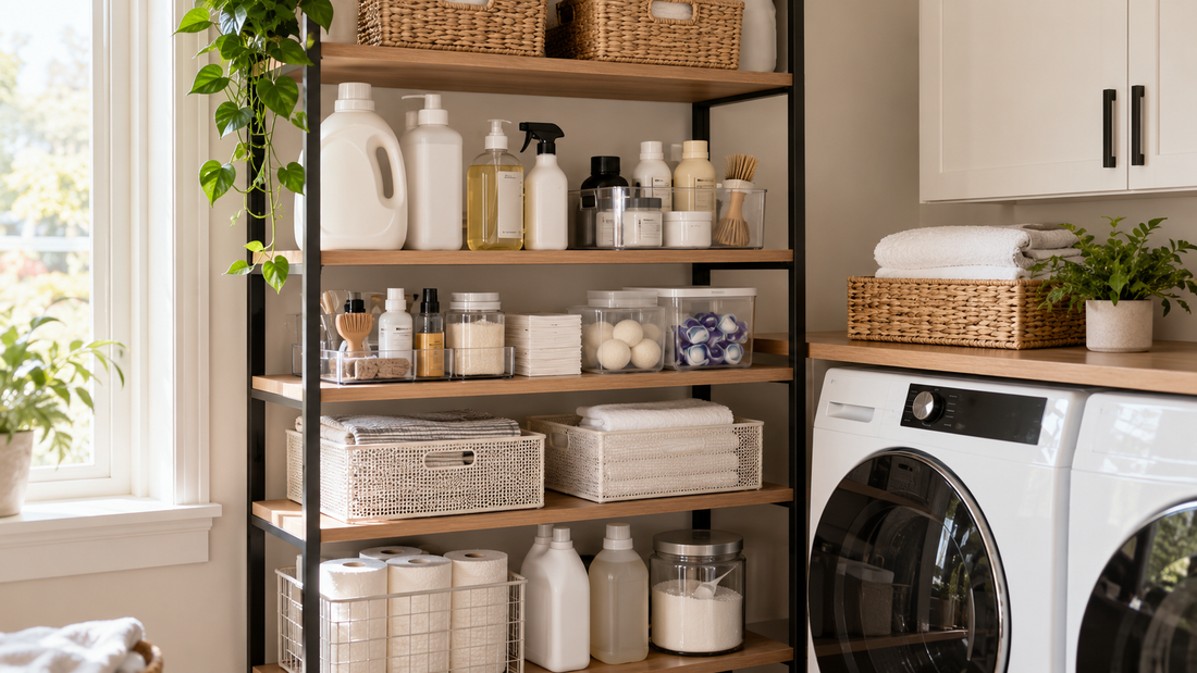 Laundry shelving organized with tall detergent bottles and shorter containers at different shelf heights