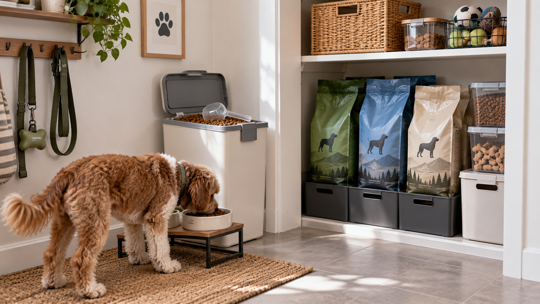 Pet food storage area separating the active dry food supply from multiple unopened backup bags for an organized daily feeding routine.