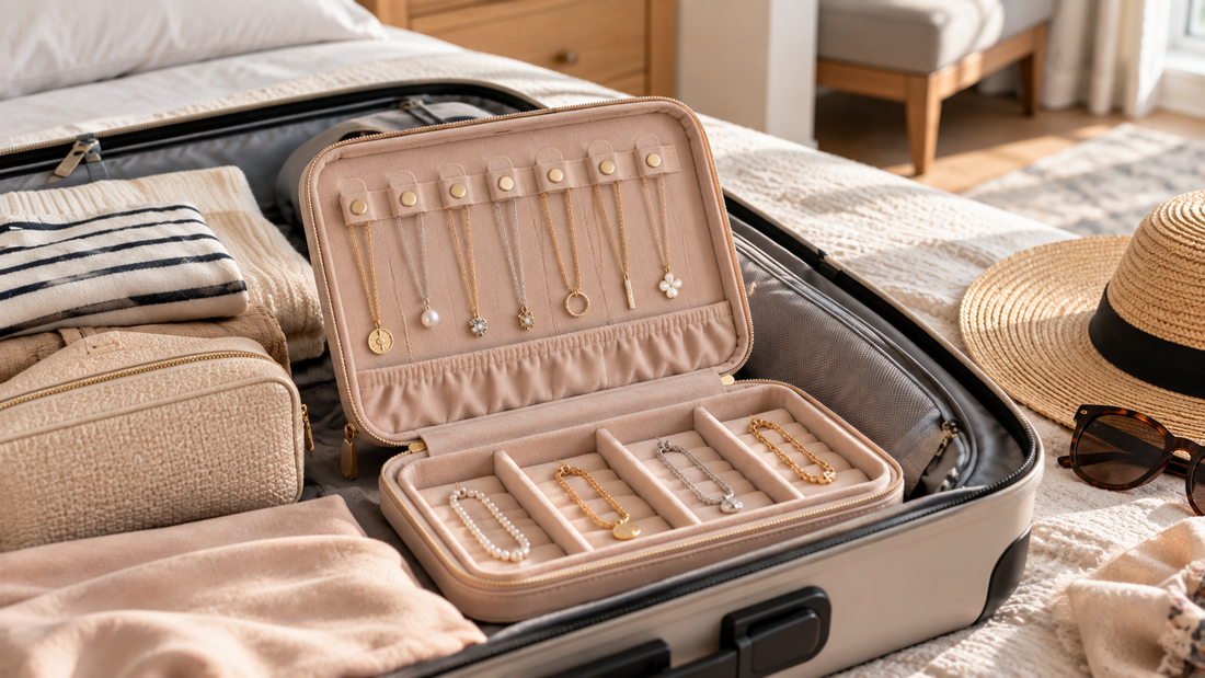 Travel jewelry organizer keeping individual necklaces separated and secured to prevent chains from tangling inside an open suitcase.