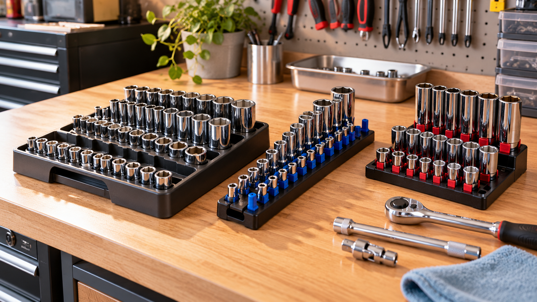 Socket sets arranged by size in separate organizers for quick identification and easy access on a garage workbench.