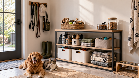 Organized pet supply area with separate storage for leashes, grooming essentials, toys, treats, towels, and everyday pet care items.