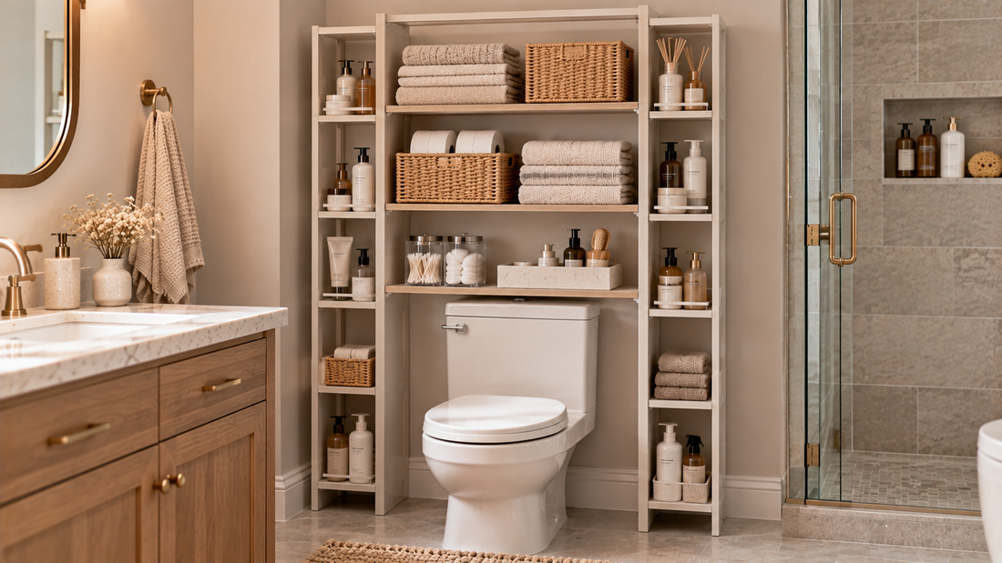 ver-the-toilet organizer with main shelves for towels and toilet paper and side shelves for smaller frequently used bathroom supplies.