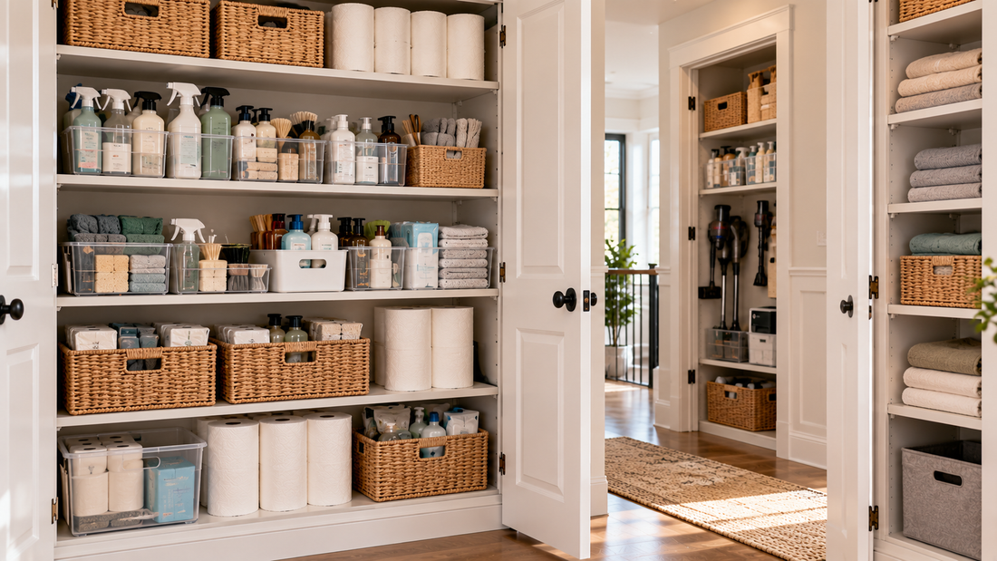 Household supplies separated into practical storage groups across available closet space to prevent one area from becoming overfilled.