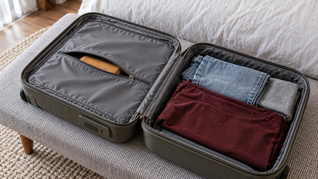 An open olive-gray carry-on holds folded clothing beside an unobstructed interior zippered pocket with an ochre pouch inside.
