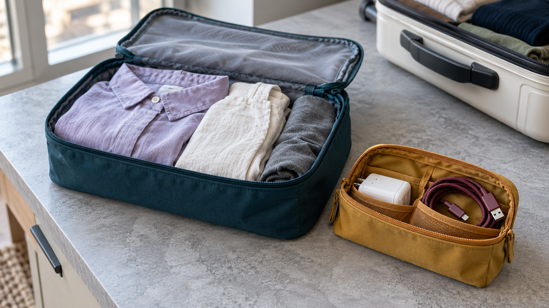 Open teal packing cube holding folded clothing beside a mustard travel pouch containing a white adapter and burgundy USB cable.