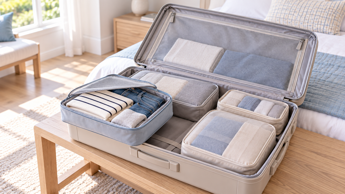 Light-colored open suitcase with separate packing organizers, including one removable clothing cube while the remaining groups stay neatly packed.