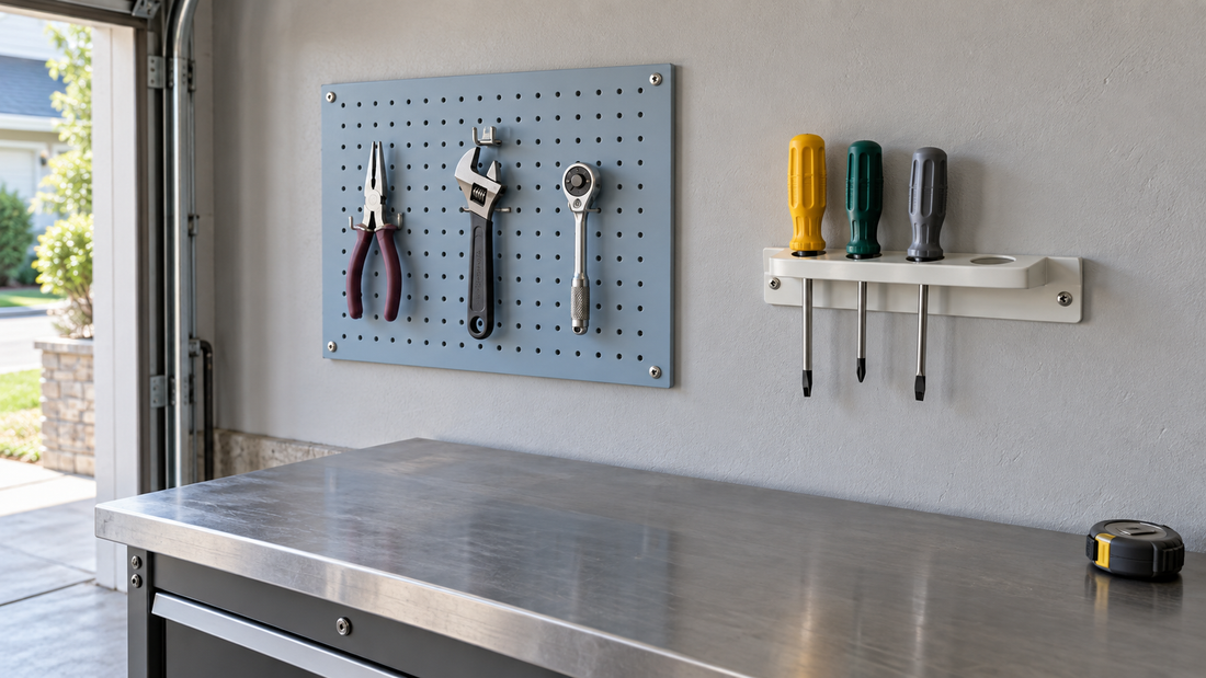 Light blue pegboard holding varied hand tools beside a white fixed screwdriver rack with one empty slot above a clear garage workbench.