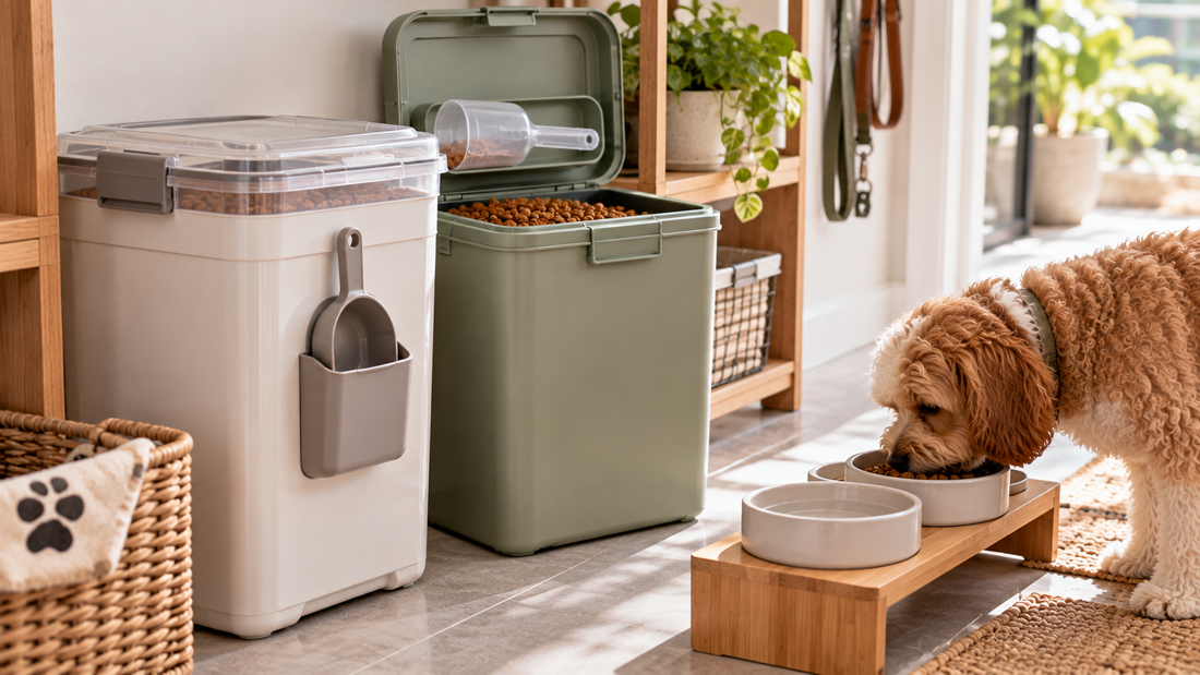 Pet food containers with dedicated exterior and lid-mounted scoop storage keeping measuring scoops separate from the stored dry food.