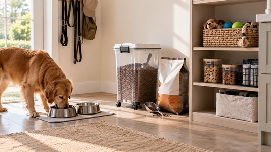 Organized pet feeding area comparing a pet food storage container with an original food bag for convenient everyday feeding.