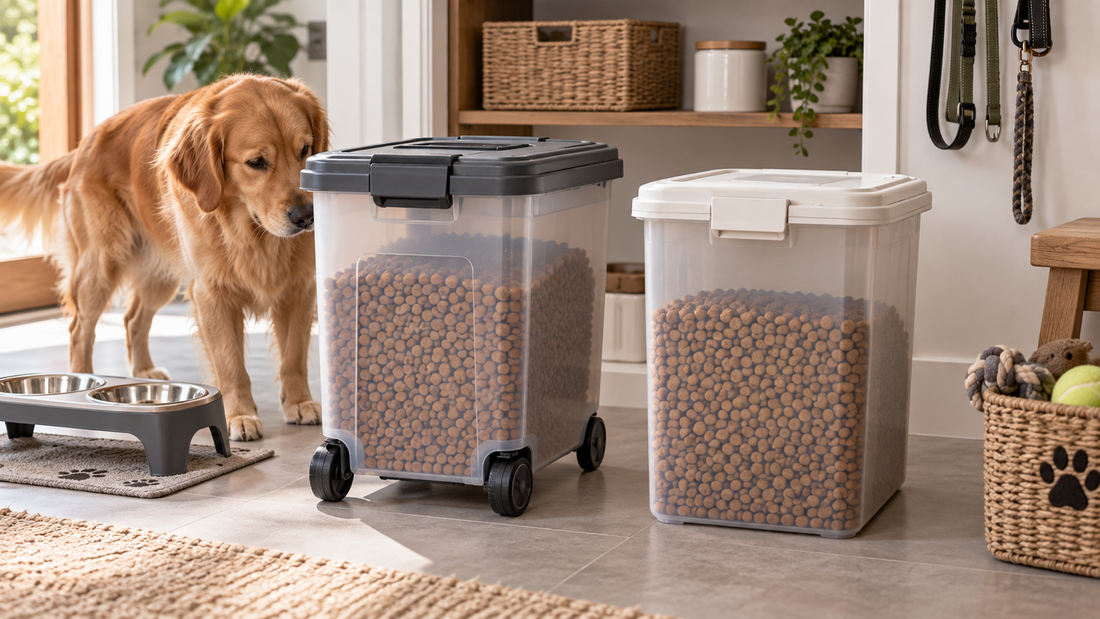 Rolling pet food container with wheels beside a stationary container for comparing storage options for heavy dry dog food.