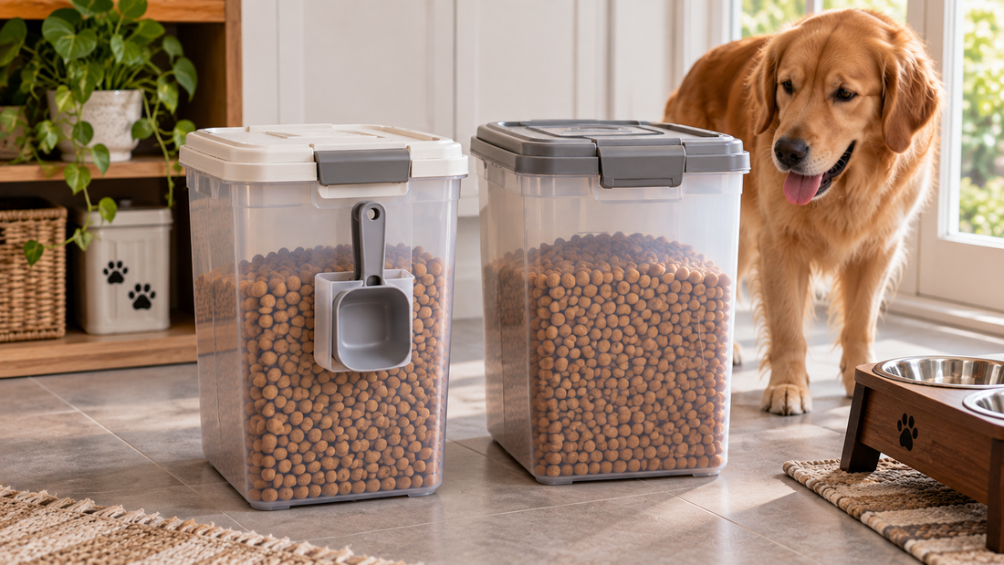 Pet food container with dedicated exterior scoop storage beside a container without a scoop for comparing daily feeding setups.