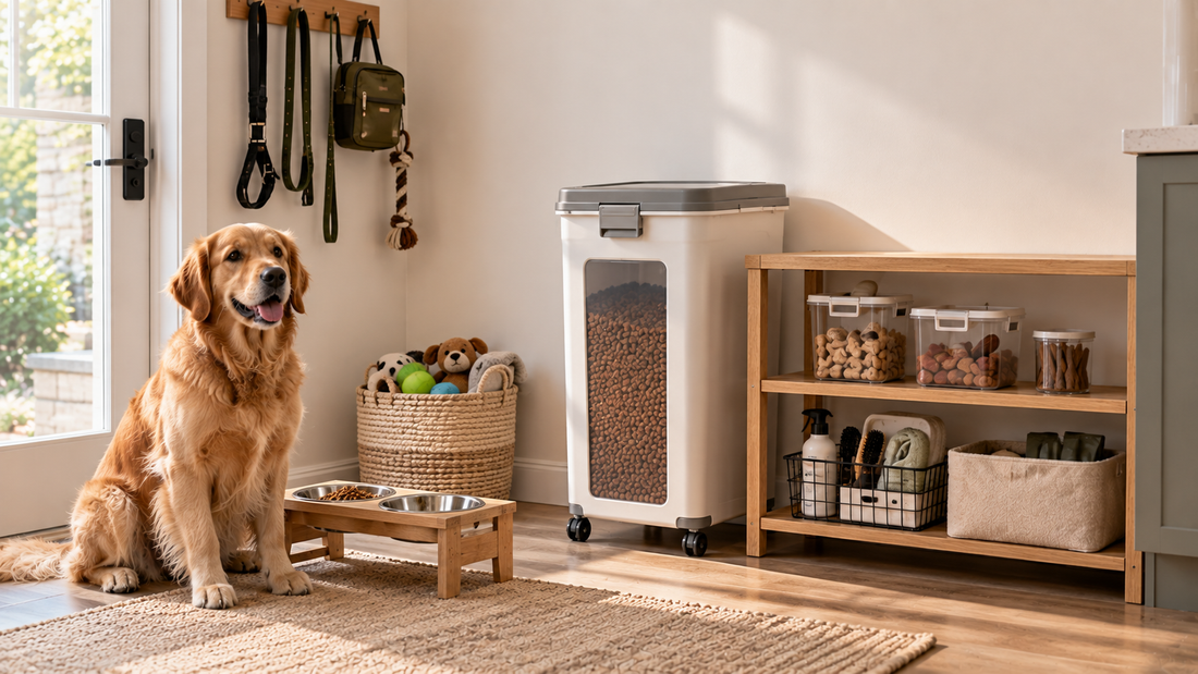 Organized everyday pet feeding area with a rolling food storage container, feeding bowls, treats, and neatly separated pet care supplies.