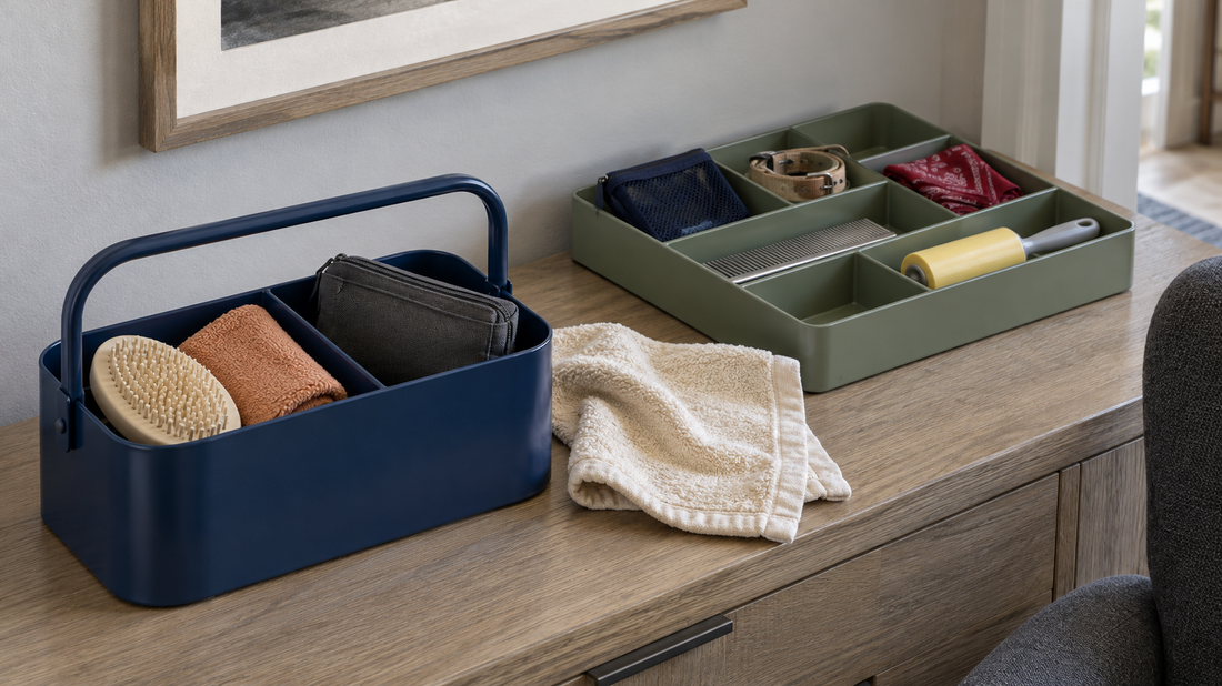 Blue handled pet supply caddy beside a sage-green divided organizer holding grooming tools, a collar, bandanas, and a lint roller.