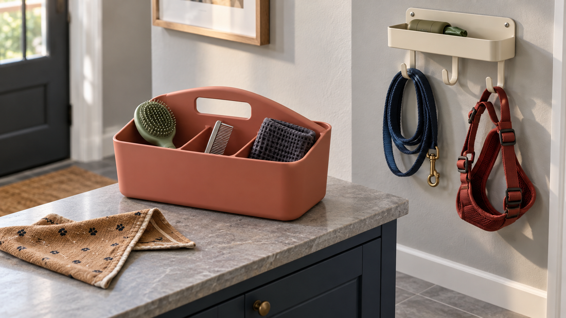 Coral grooming caddy holds a brush, comb, and cloth beside a wall organizer storing a leash, harness, and waste-bag dispenser.