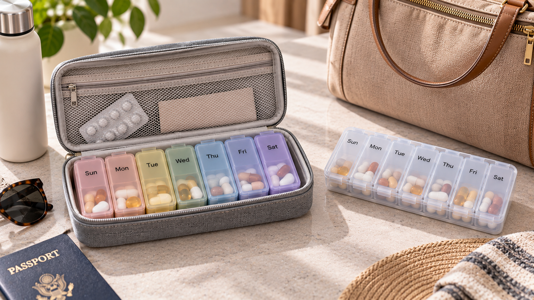 Weekly pill organizer secured inside an outer travel case beside a case-free organizer, comparing added containment with direct access for a full week.
