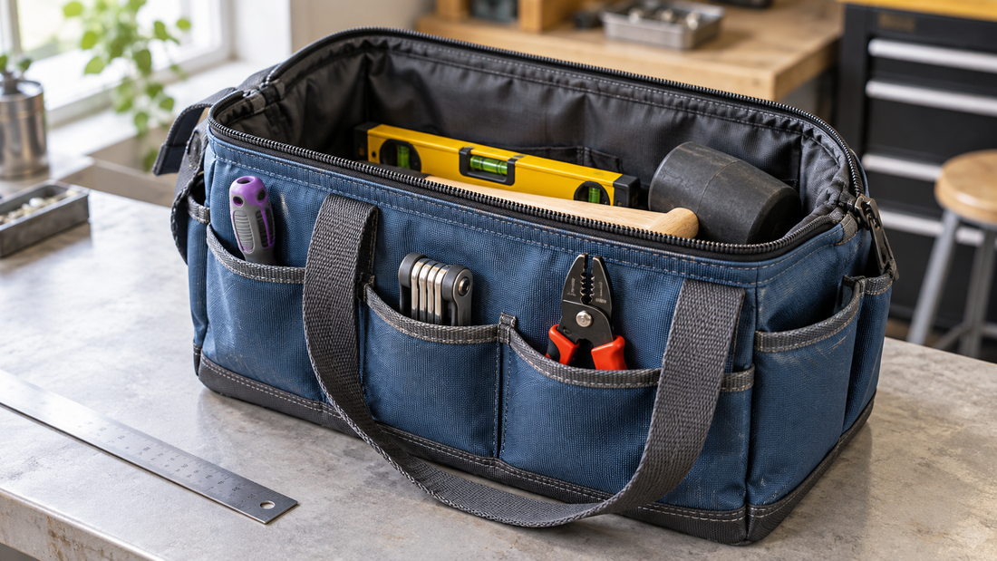 A blue tool bag holds tools in separate exterior pockets while leaving its main compartment opening accessible.