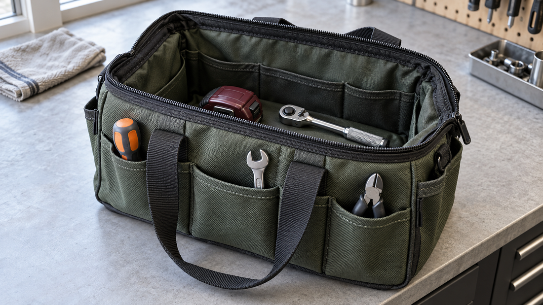 Tools sit in the exterior pockets of a green tool bag, leaving its wide main compartment opening unobstructed.