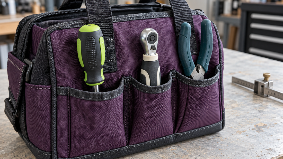 Thick-handled tools sit in separate pockets of a purple tool bag, with exposed grips and space between neighboring tools.