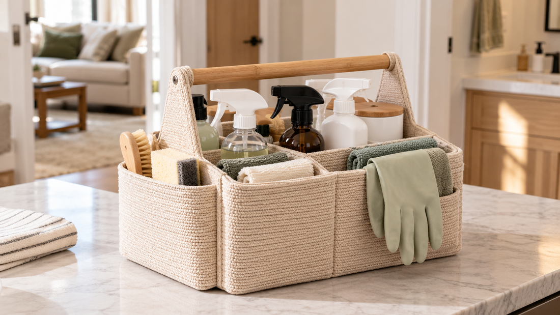 Handled portable storage basket keeping frequently used cleaning supplies together for easy carrying between rooms.
