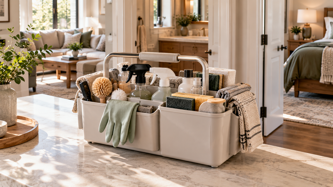 Portable household organizer keeping cleaning supplies and everyday tools together for easy movement between rooms.