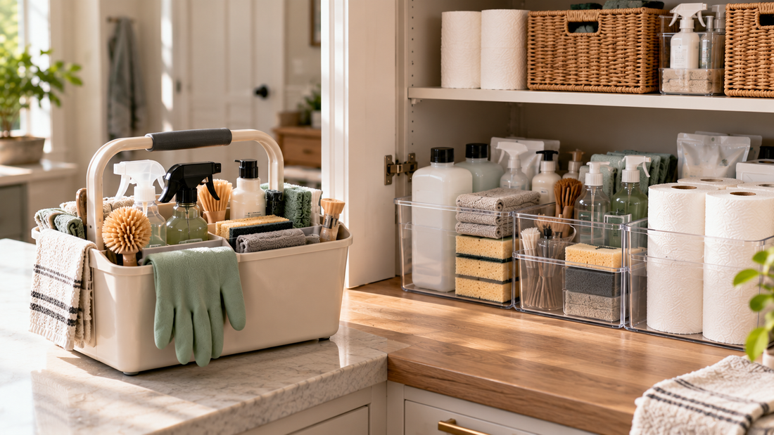 Portable handled organizer for carrying household supplies beside stationary storage organizers that keep supplies arranged in one dedicated area.