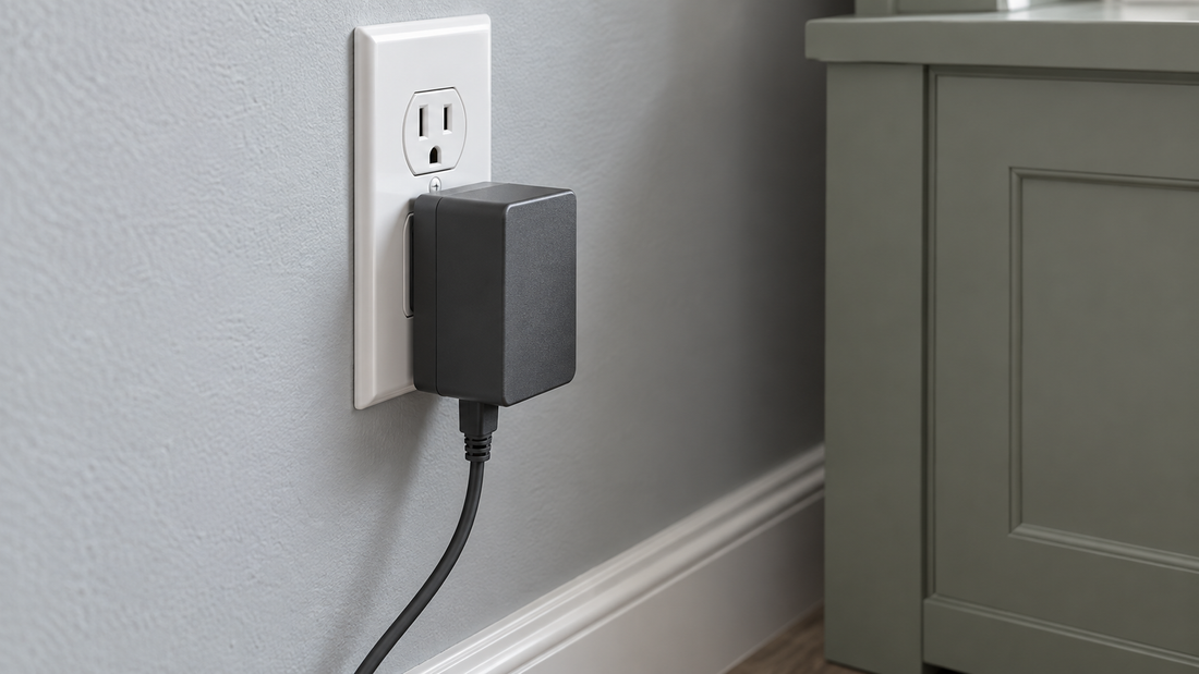 Large graphite power adapter plugged into a wall outlet, with its cable exiting downward and clear space beside a cabinet.