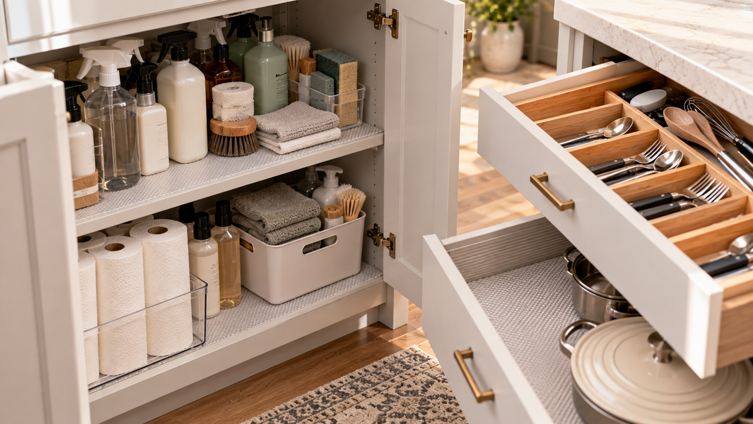 Shelf and drawer liners protecting cabinet and drawer surfaces beneath household supplies, utensils, and cookware from spills, scratches, and everyday wear.