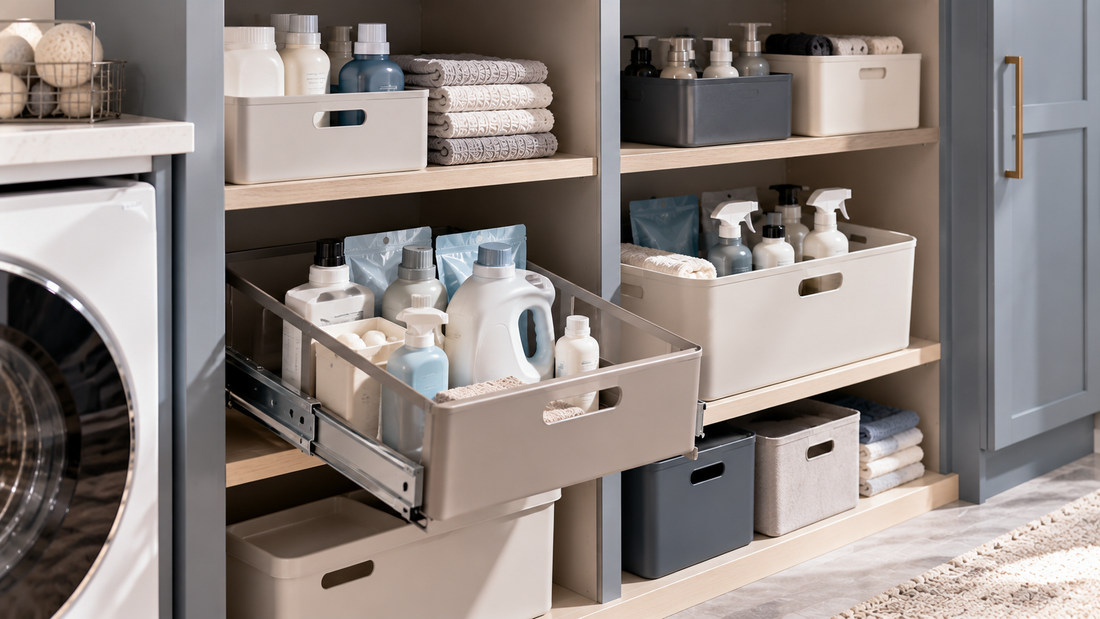 Pull-out laundry bin extended from a deep shelf beside a stationary basket, showing two ways to keep laundry supplies accessible.