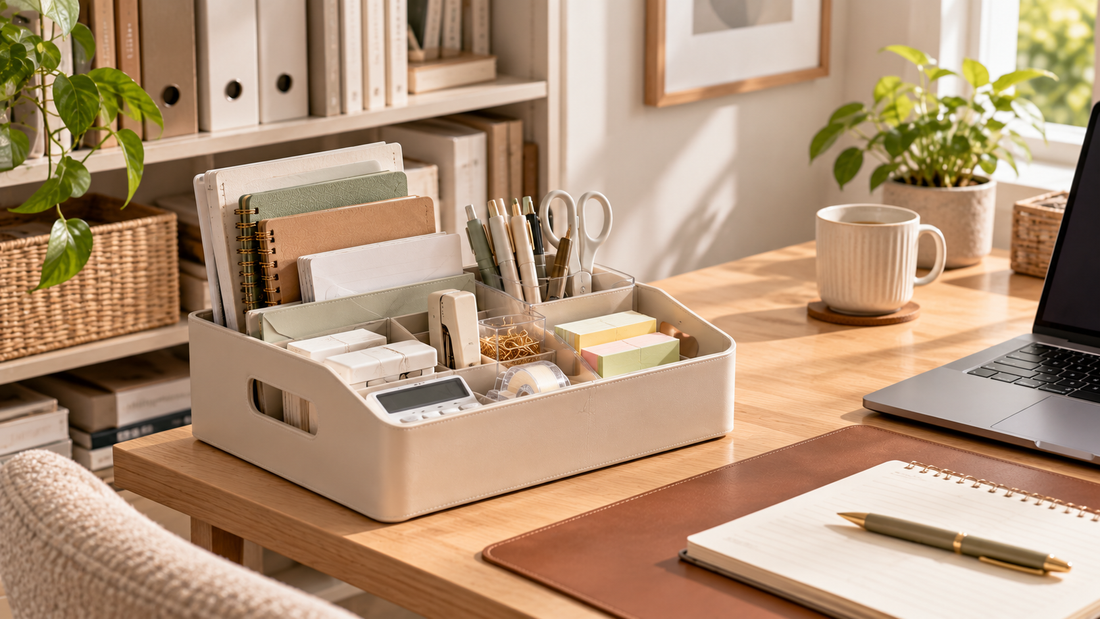 Portable desk organizer keeping notebooks, writing tools, sticky notes, and small office supplies together so the work surface can be cleared quickly.