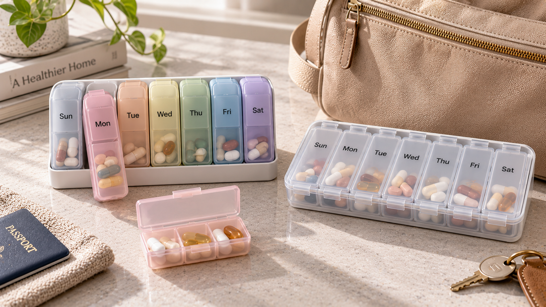 Removable daily pill boxes beside a one-piece weekly organizer, comparing separate day portability with an all-in-one weekly medication system.