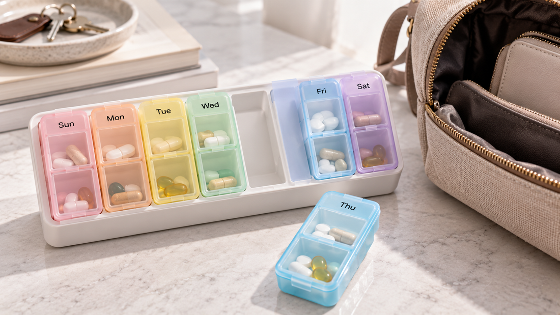 Weekly pill organizer with one removable daily container placed beside a travel bag for carrying a single day of medication.