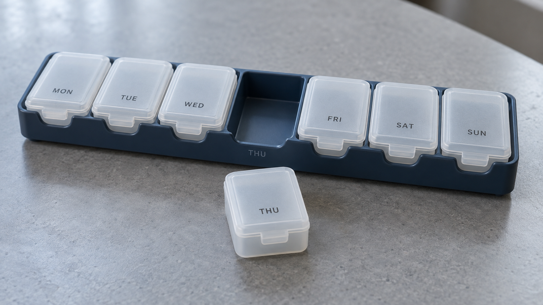 A removable pill case marked THU sits in front of its matching empty slot in a navy weekly holder.