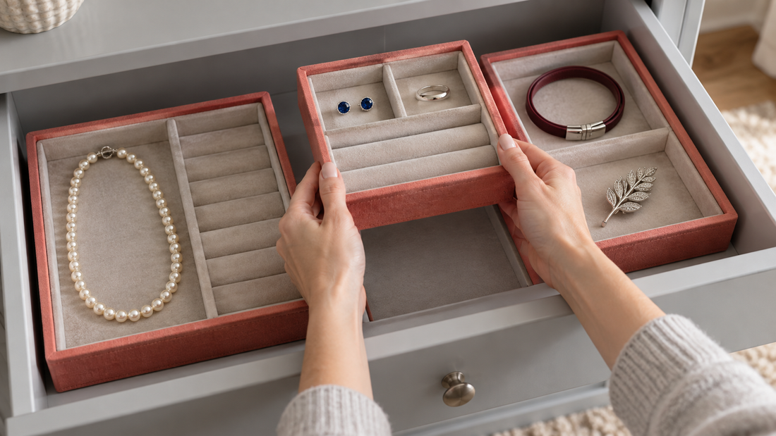 Hands lifting a small coral jewelry tray from a drawer while two neighboring trays remain in place.