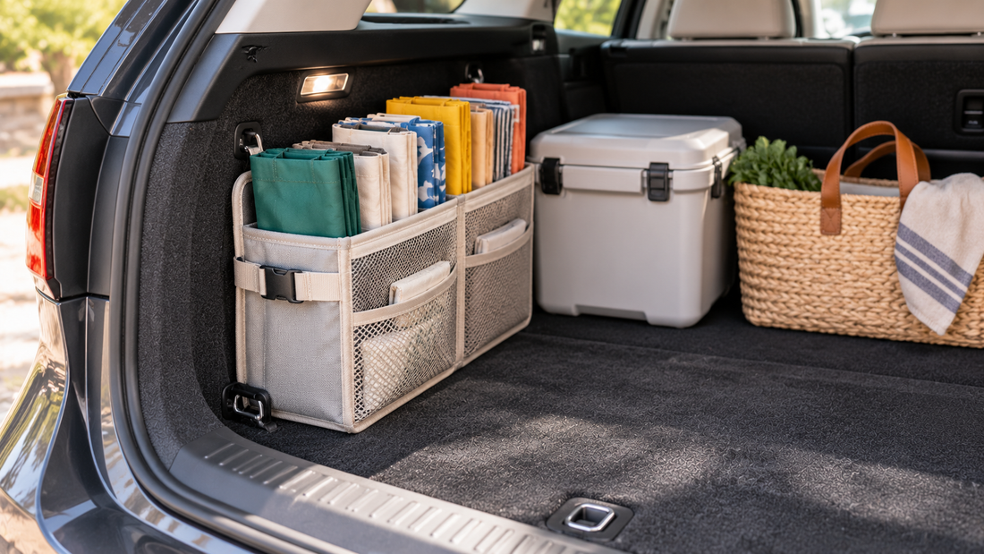 Folded reusable shopping bags stored upright in a slim side organizer inside an SUV trunk, keeping the main cargo floor available for other loads.