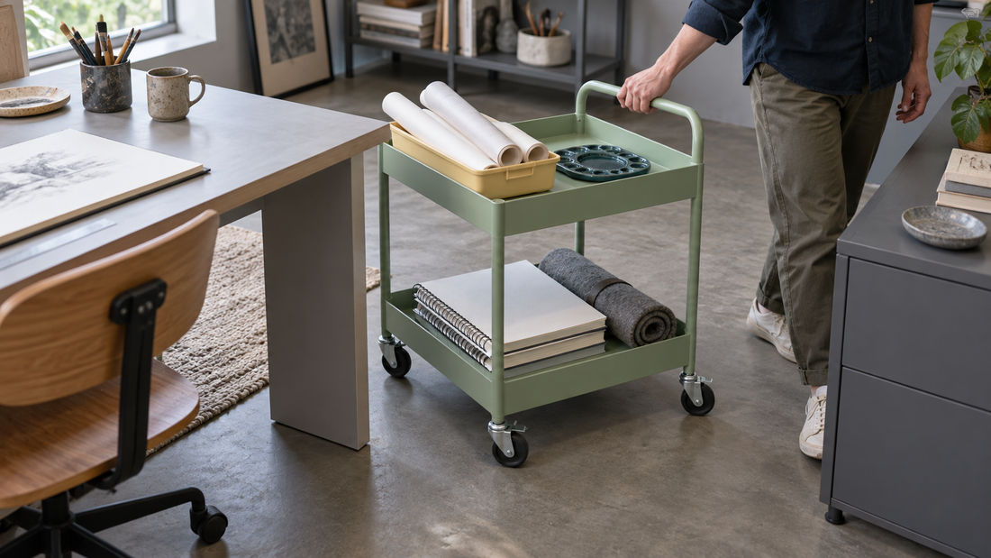 A person guides a two-tier rolling cart around a desk corner with clearance from nearby furniture.