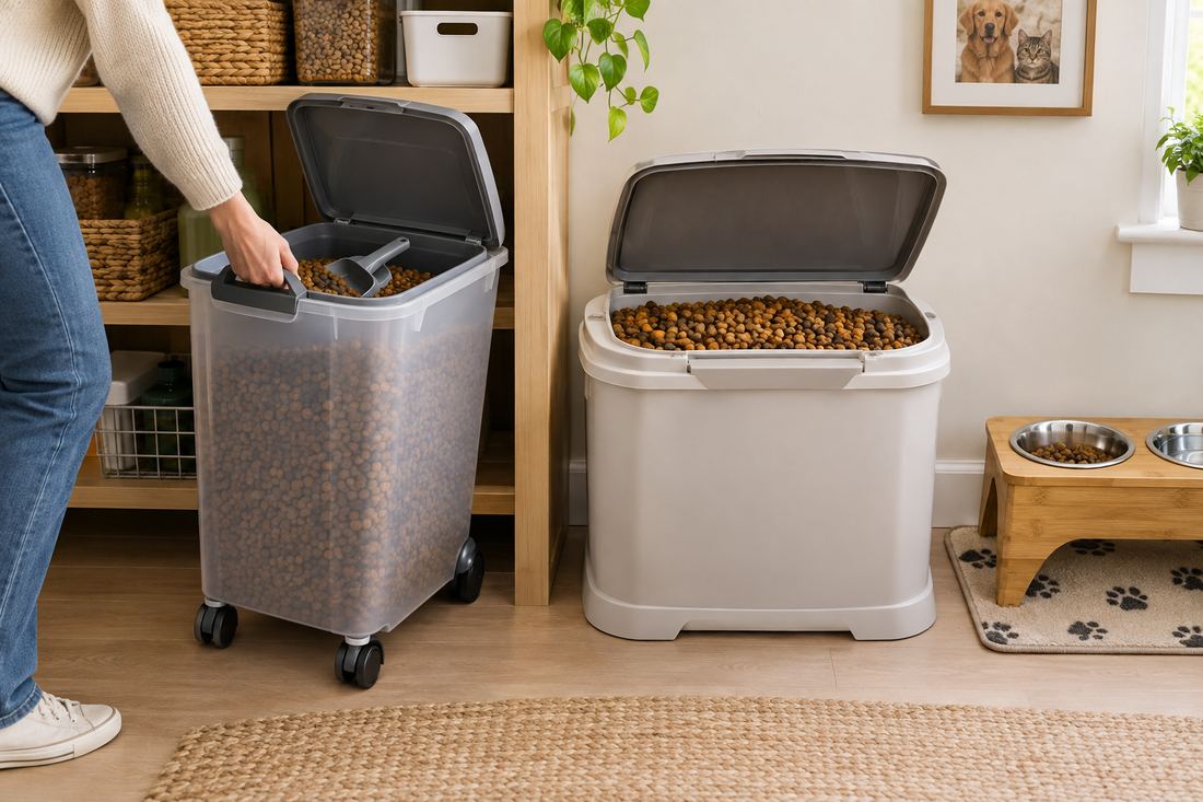 Rolling pet food container with caster wheels pulled forward from under a shelf on the left beside a stationary wide storage bin next to a pet feeding station on the right