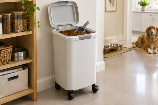 Rolling pet food container with locking caster wheels and open lid showing a scoop inside with clear clearance above for easy daily feeding access